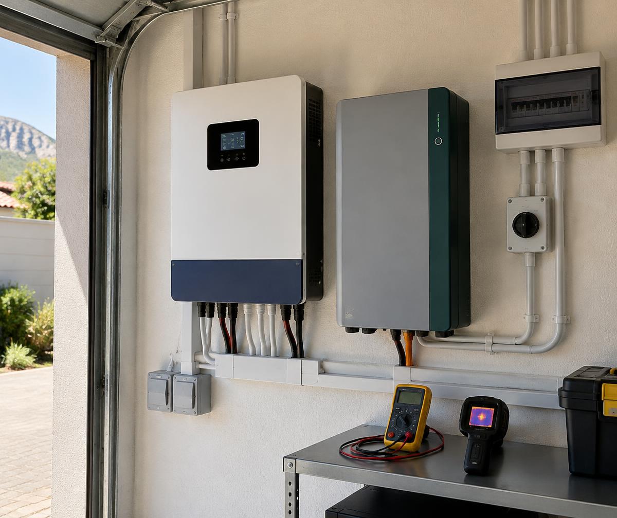 Wall-mounted solar inverter with a battery below it, and a multimeter and thermal camera resting on the shelf